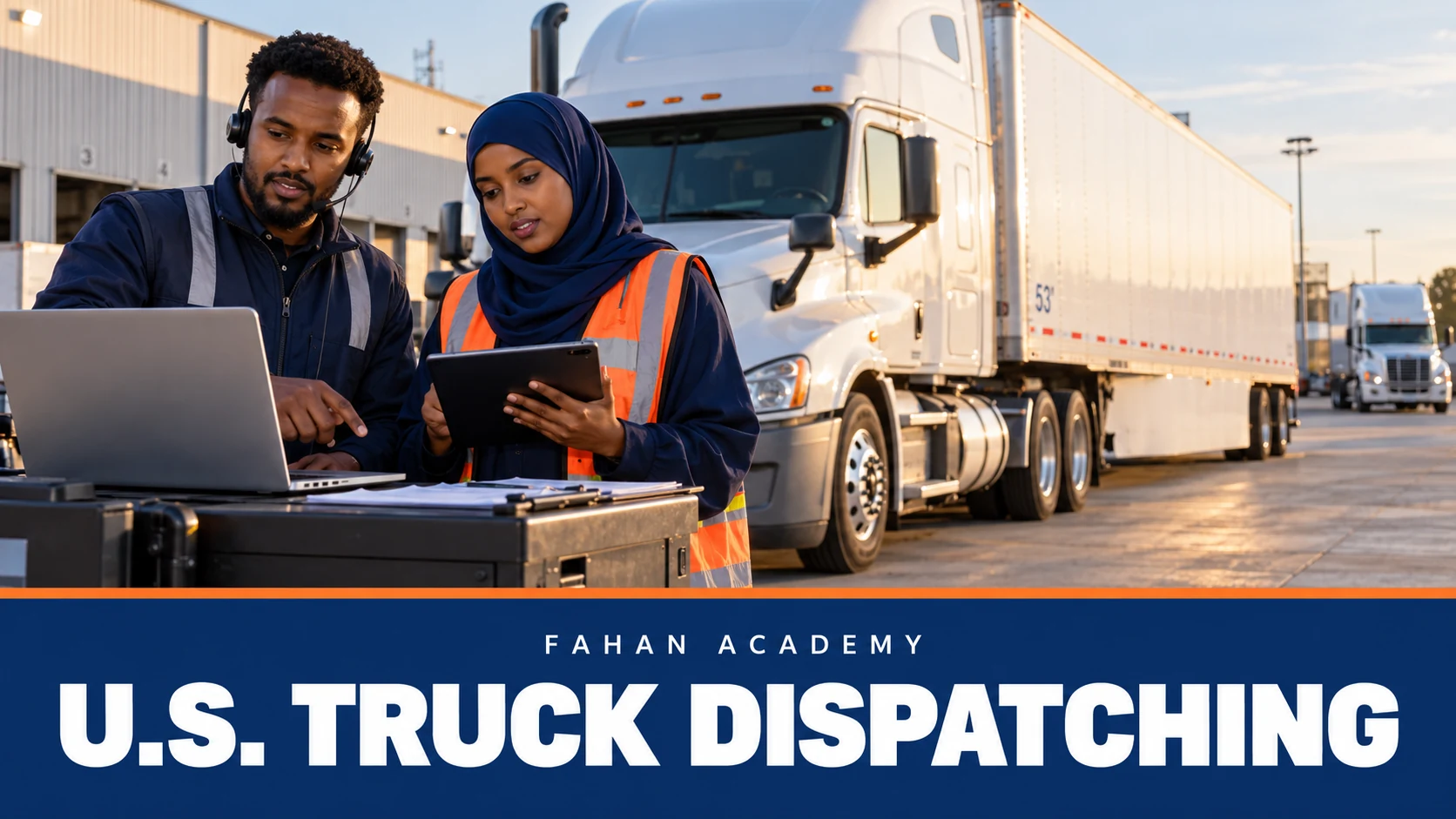 Somali male and hijabi female dispatching students with a semi truck and route planning screens